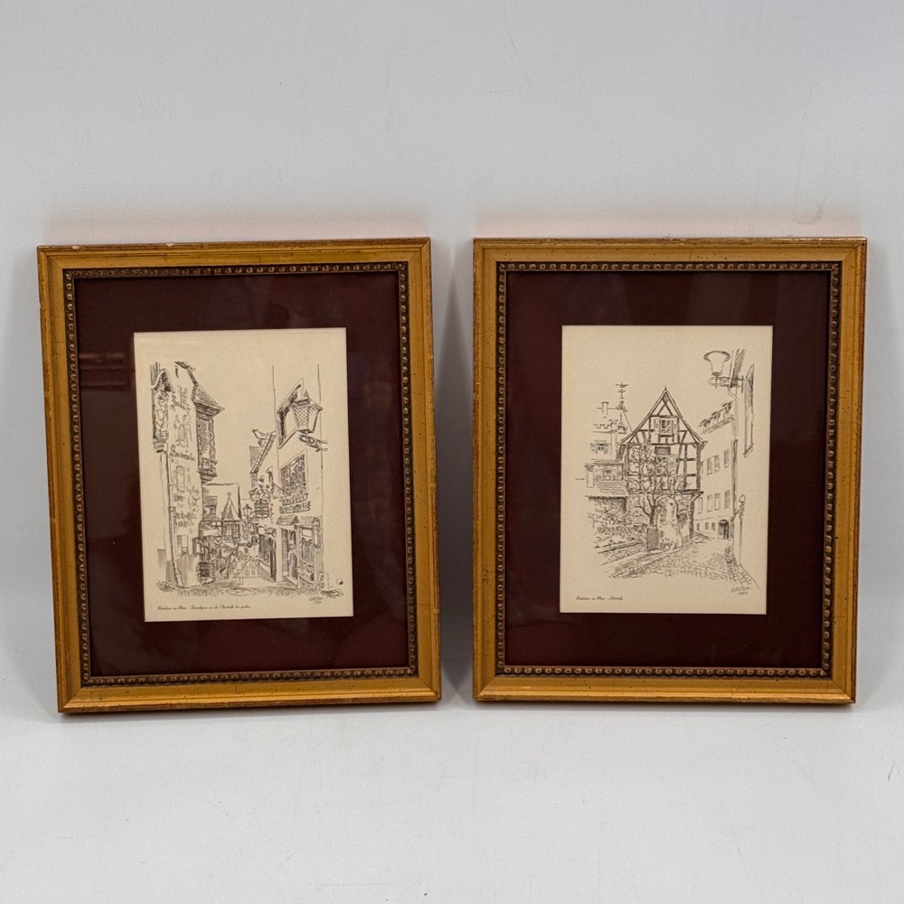 Vintage Framed European Architectural Prints Pair Rudesheim Germany